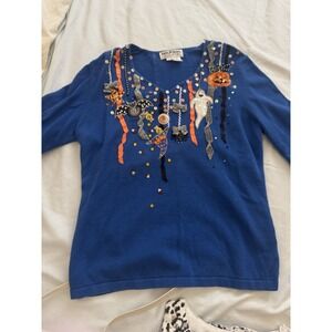 Jack B Quick Halloween Sweater Women's Large Blue Ghost Pumpkin Bat Sequin Knit